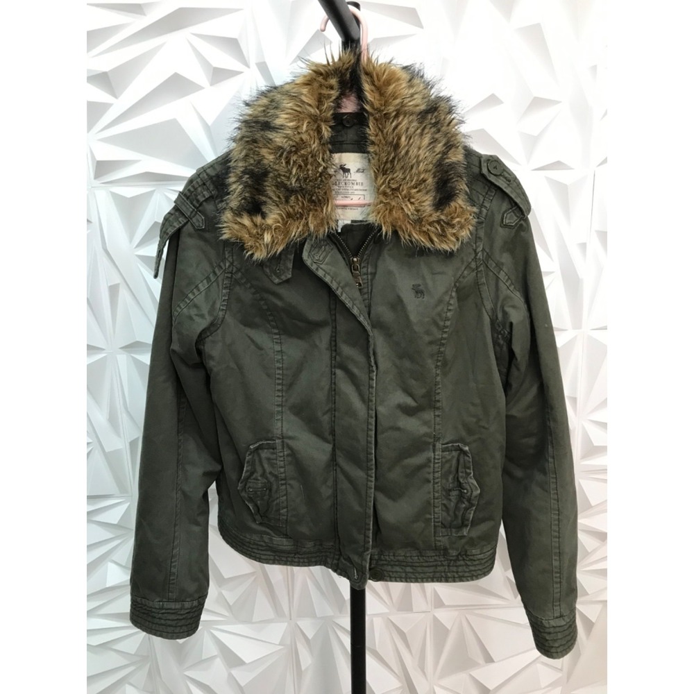 Y2K Abercrombie & Fitch Womens Utility Military Jacket Sz Large Green Faux Fur A